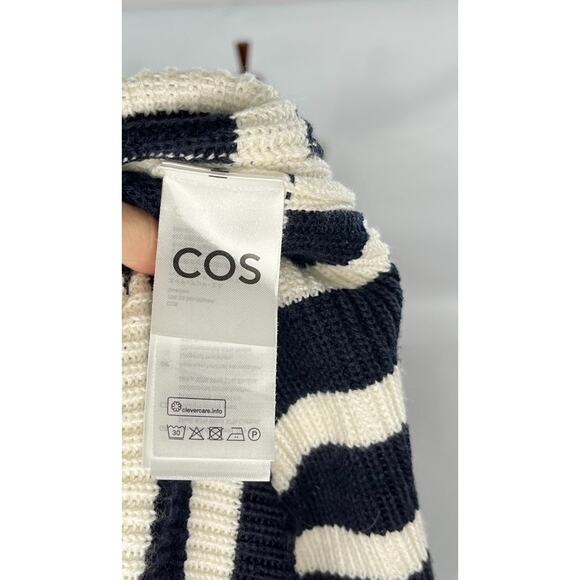 COS Sz XS Ivory Navy Blue Stripe Pullover Turtleneck Roll Neck Sweater - Picture 3 of 11